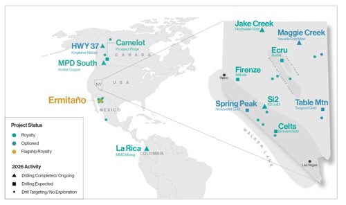 Map of Orogen's actively drilled royalty projects