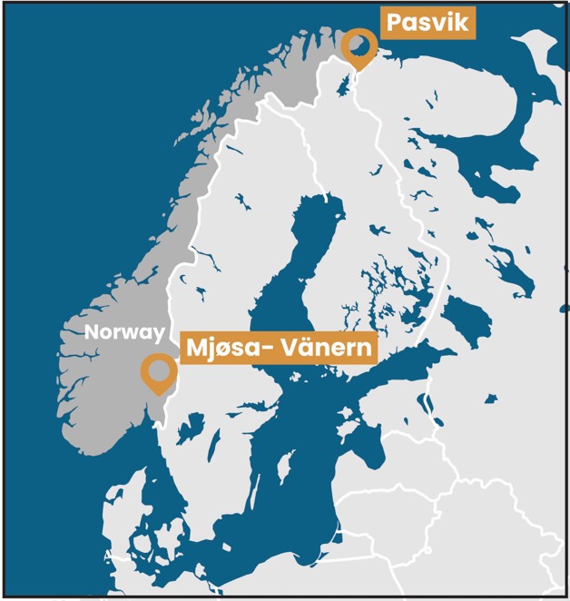 Figure 1: Area of interest for the generative alliance and location of the Pasvik and Mjøsa–Vänern projects