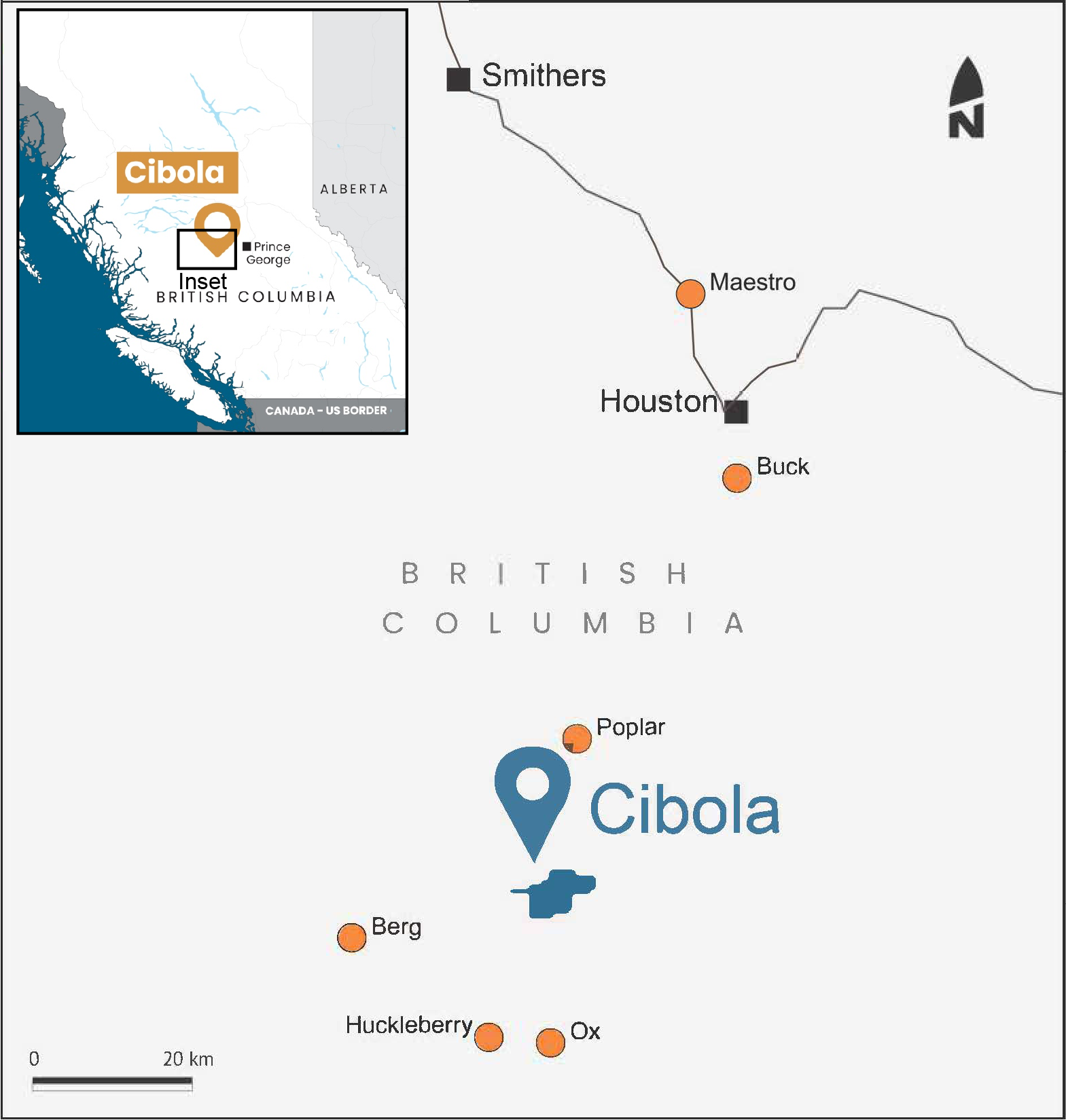 Figure 1: Location of the Cibola project in British Colombia. Significant nearby copper and gold deposits shown by orange circle.